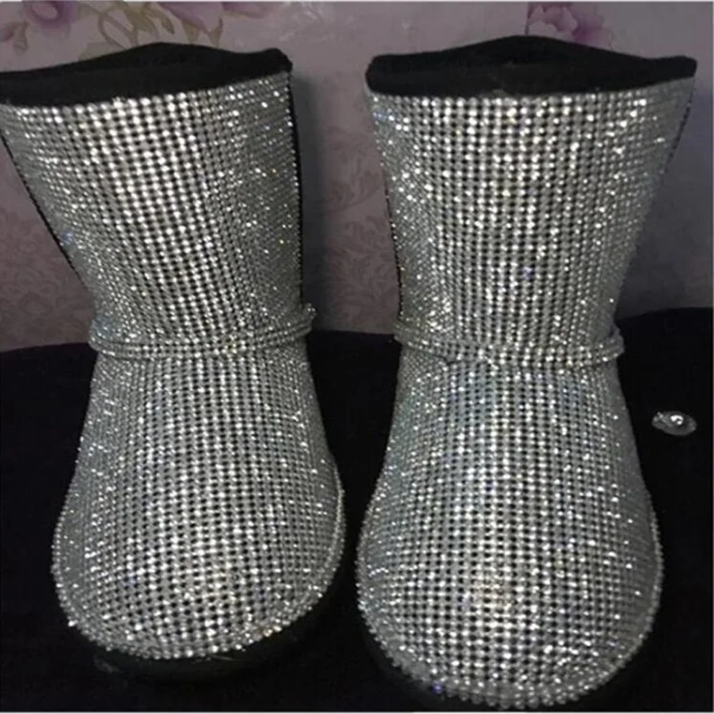 Зимние короткие ботинки Bling черные кожаные зимние Rhinestone без шнуровки на