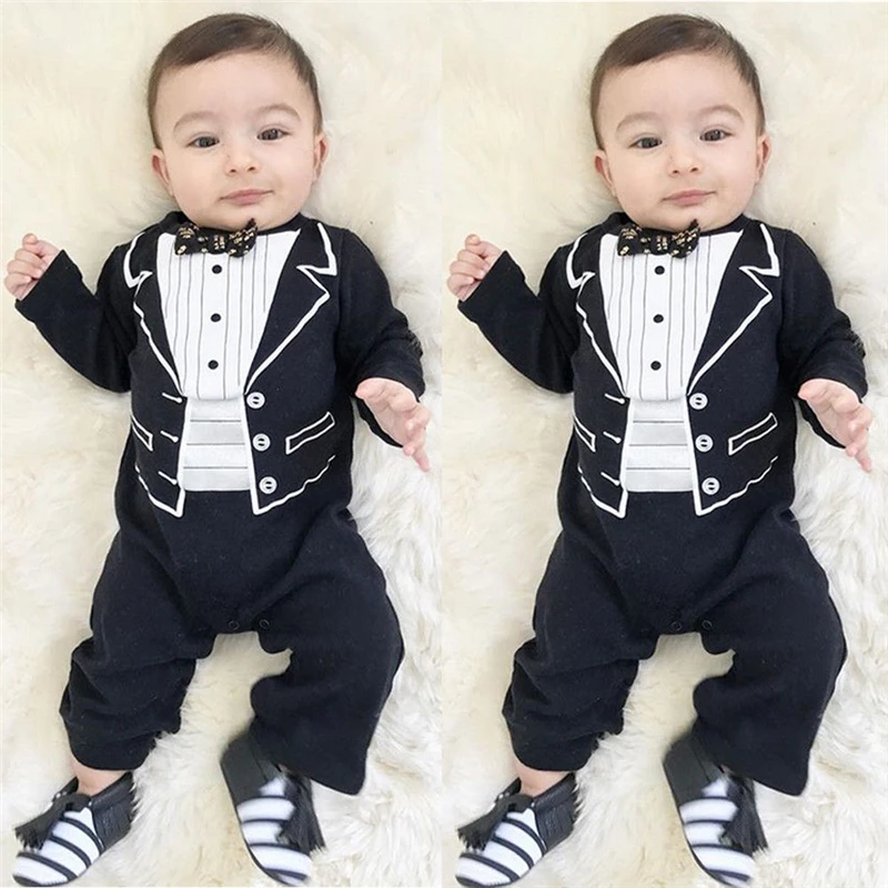 Newborn Infant Baby Boy Romper Toddler Kid Long Sleeve Bowknot Gentleman Suit Jumpsuit Party Tuxedo Clothes Outfit Fall 0-24M |