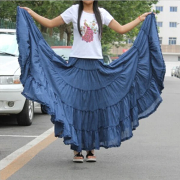 

Long Skirts Womens Fashion Candy Color Cotton Falda Female Vintage Casual Beach Bohemia Ruffle Big Pendulum Maxi Skirt
