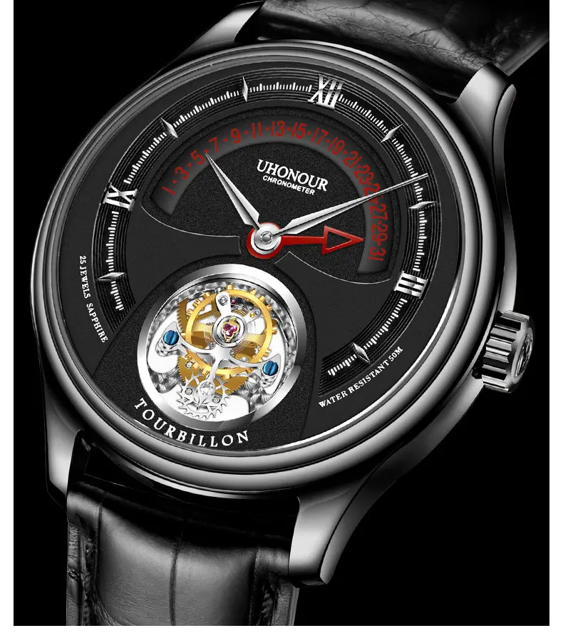 Топ Tourbillon Move Мужские механические наручные часы с светящимся календарем из крокодиловой кожи мужские часы Tourbillon Montre Homme