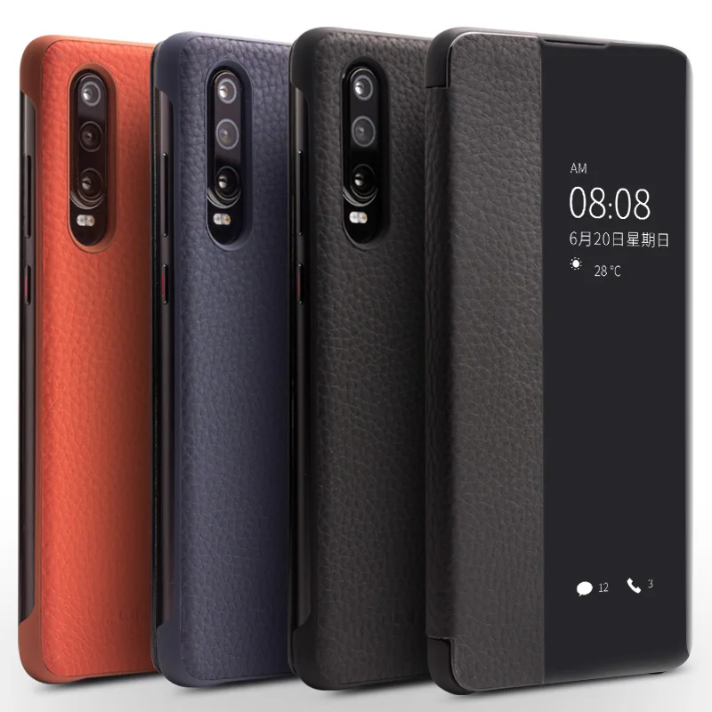 Роскошный флип чехол из натуральной кожи Lichi для Huawei P30 Pro деловой смарт с окошком