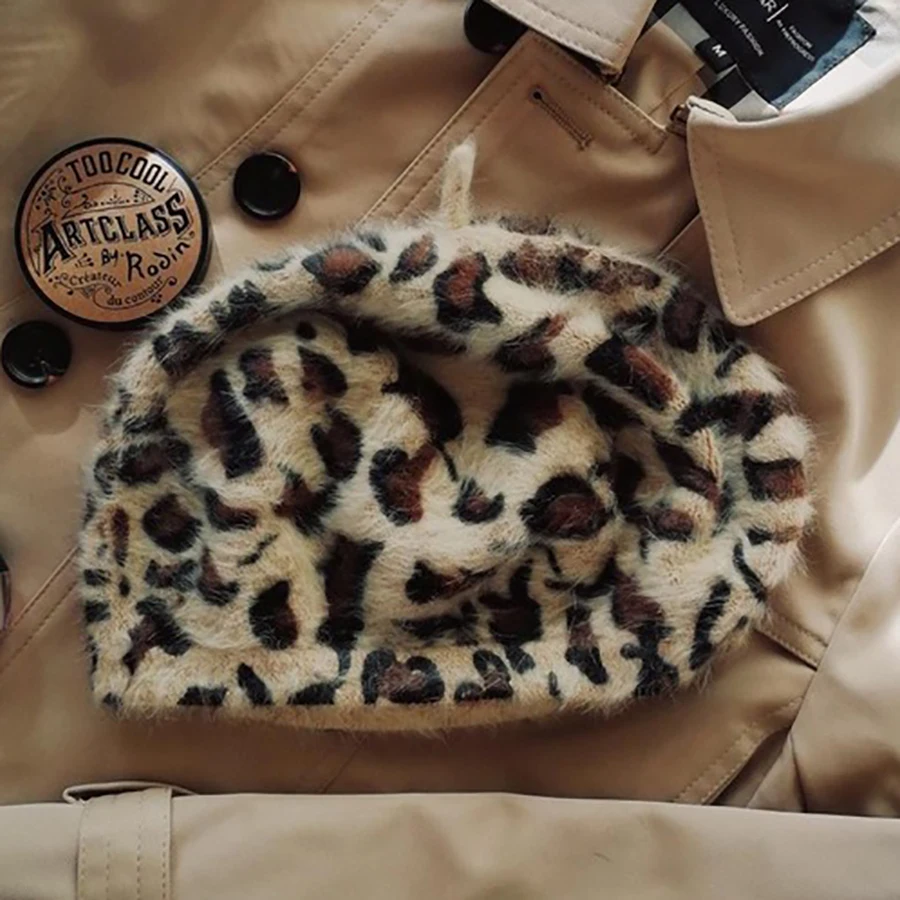 Женский сексуальный леопардовый берет мягкая шапка из кроличьего меха на весну