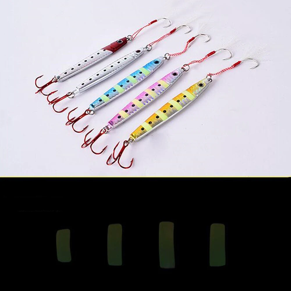 5PCS/Lot 5 Colors Ocean Boat Fishing Metal Jig Lure Luminous Hard Baits Laser Iron Lead Fish with Red Treble Hook | Спорт и