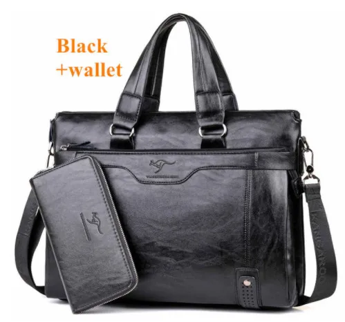black with wallet Мужской деловой кожаный портфель-сумка на плечо для ноутбука 1", мужской портфель через плечо, сумки для мужчин, сумки-мессенджеры - Цвет: black with wallet