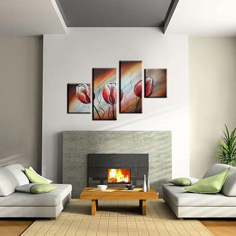 

Classic Abstract White Red Flower Oil Paintings 4 Panel Set On Canvas Art Handmade Wall Pictures for Living Room Home Decoration
