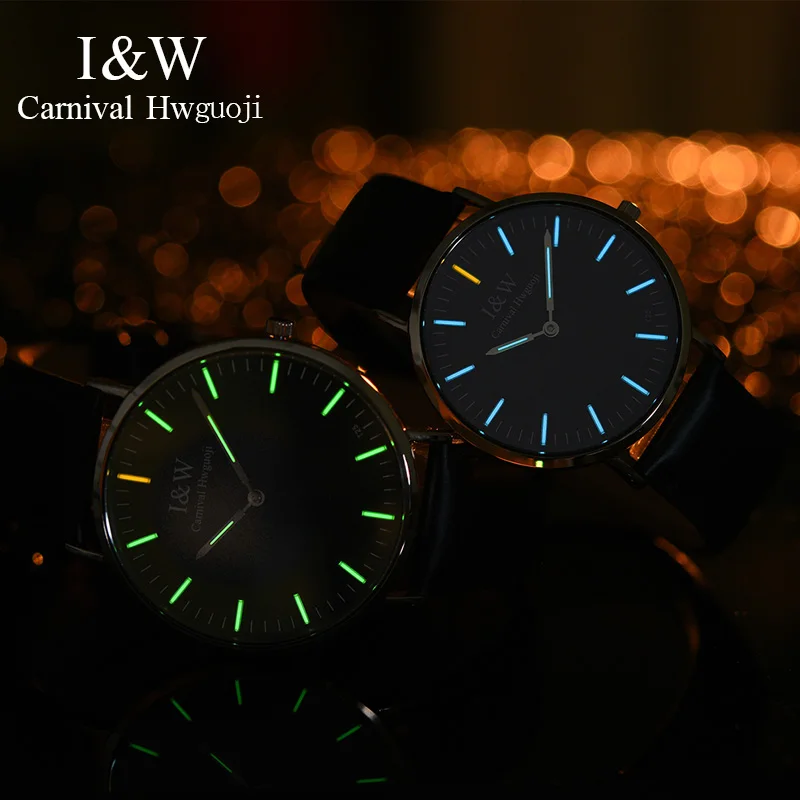 Мужские кварцевые часы Carnival I & W Blue Tritium ультратонкие водонепроницаемые с кожаным