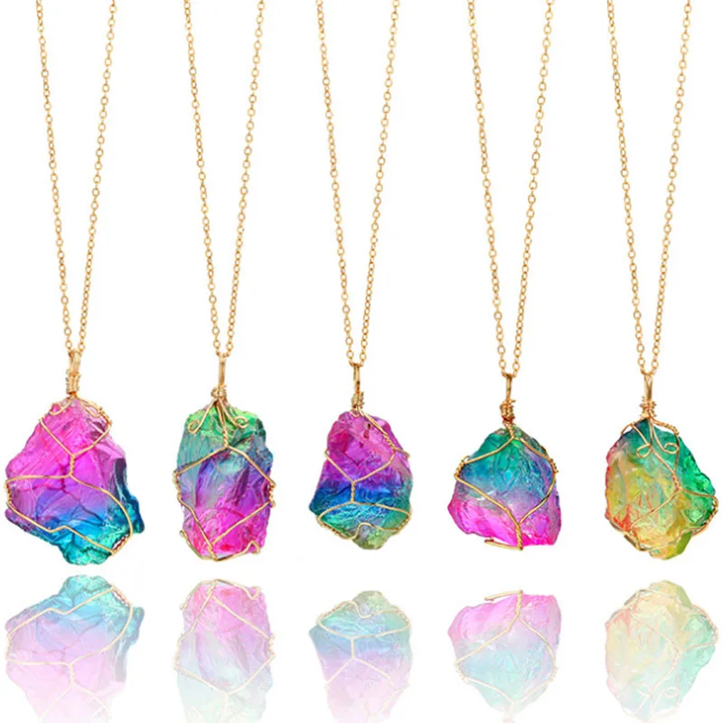 

Arco Iris de piedra Natural colgante collar de moda cristal Chakra Rock collar oro Color cadena cuarzo collar largo para el rega