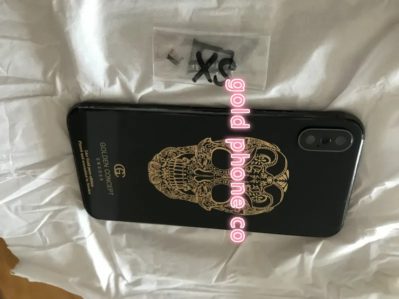 Превосходное качество, роскошная задняя крышка для iphone X, 24 k, золотой череп, дизайнерский корпус с оригинальной черной рамкой и стеклом