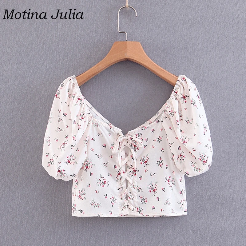 Motina Юлия 2019 лето назад на шнуровке принт женские блузки рубашки v шеи boho пляжные