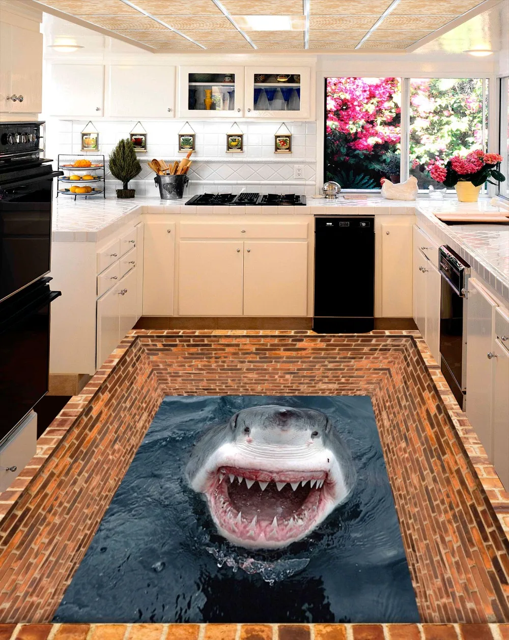 

[Self-Adhesive] 3D Brick Pond Shark 4 Non-slip Waterproof Photo Self-Adhesive Floor Mural Sticker WallPaper Murals Print Decal