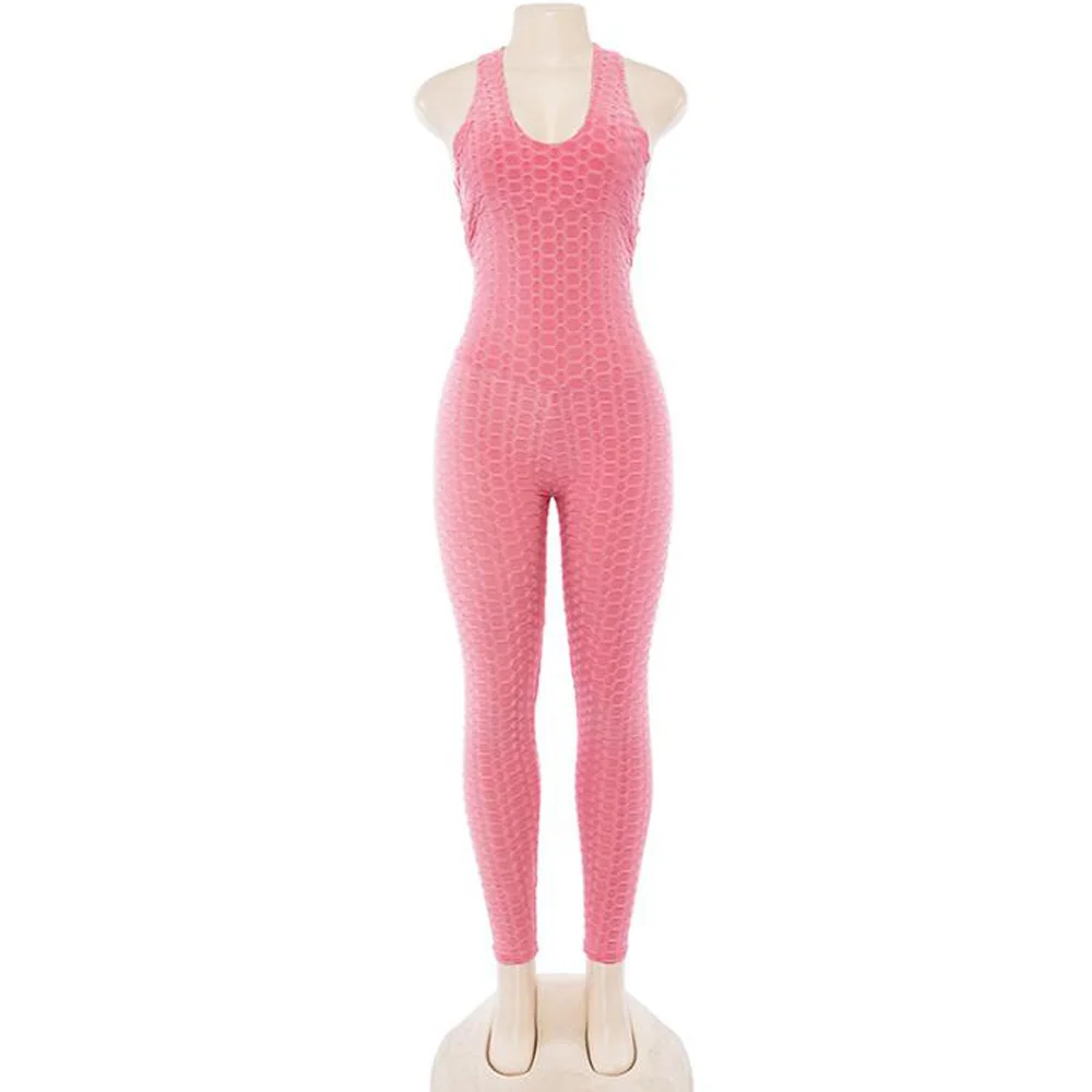 Pink Jumpsuits Женские спортивные комбинезоны сексуальные с открытой спиной обтягивающие бандажные боди повседневные Комбинезоны комбинезон длинные штаны спортивный костюм для фитнеса - Цвет: Pink Jumpsuits