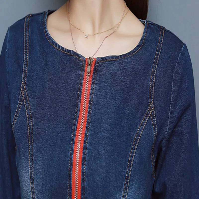 

New Spring Autumn Women Dresses Plus Size Fashion O-Neck Casual Loose Pocket Zipper Jeans Dress For Women Larger Denim One-Piece