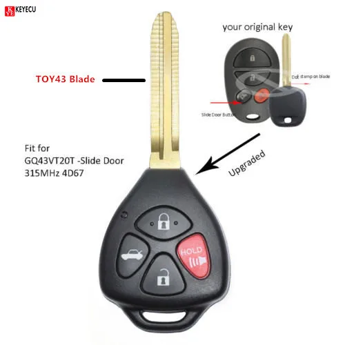 Обновленный ключ Keyecu дистанционный 315 МГц 4D67 для Toyota Sienna 2004 2010 с игрушкой 43 Blade