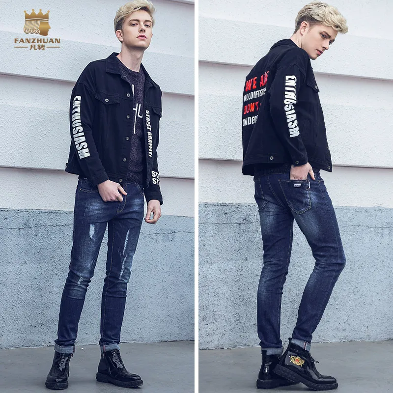 

Free Shipping fanzhuan New 2018 spring new men's denim jacket cotton Europe male man Spring Autumn jacket letter design 820001