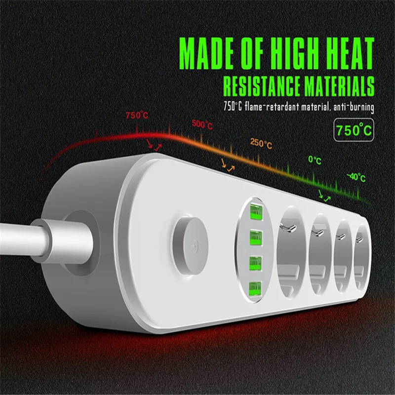 Удлинитель питания PLYMOTON с 4 розетками переменного тока USB портами и защитой от
