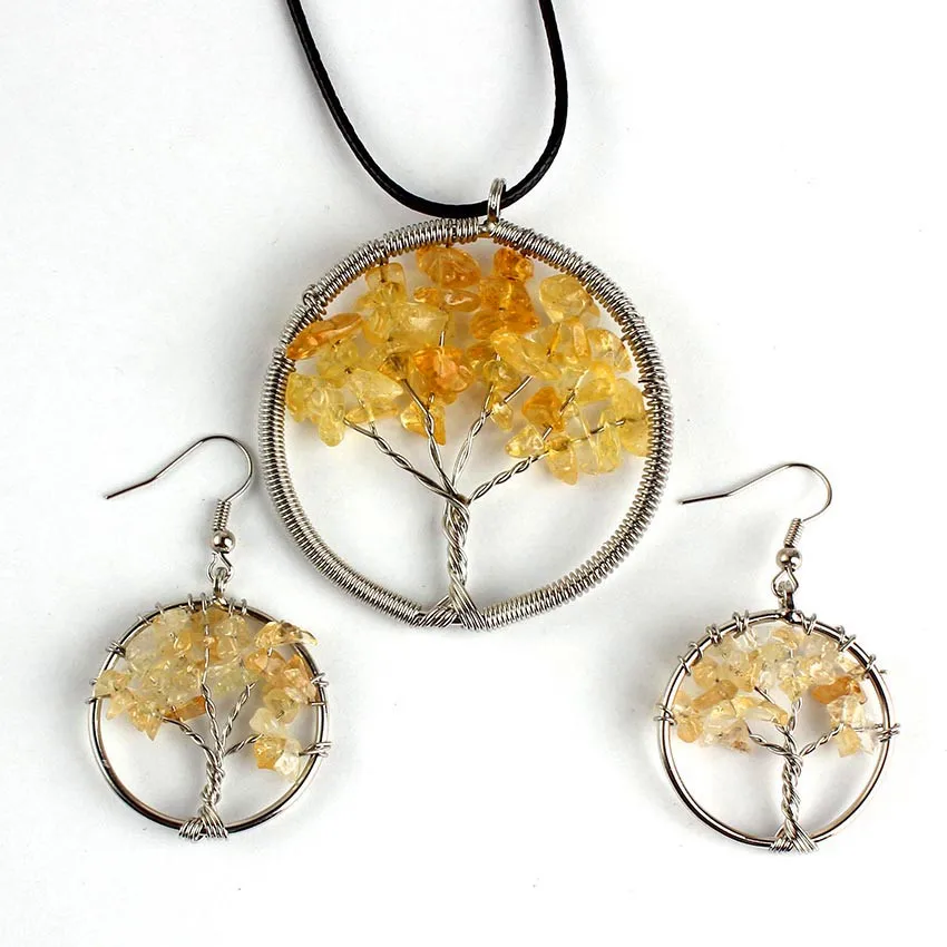 

100-Uniqe 1 Set Beautiful Silver Plated Natural Yellow Citrines Quartz Pendant Earring Tree of Life Jewelry Set