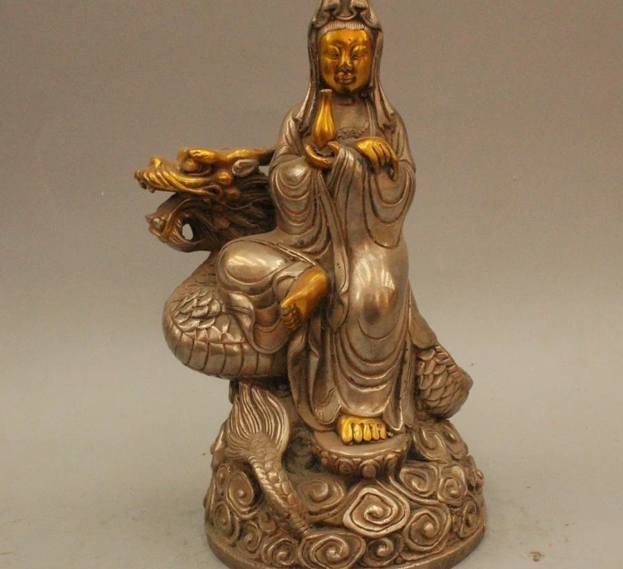 8 &quotКитайский Buddhiam Серебряный Gild Сиденья Дракон Кван-инь Бодхисаттвы Статуя | Дом