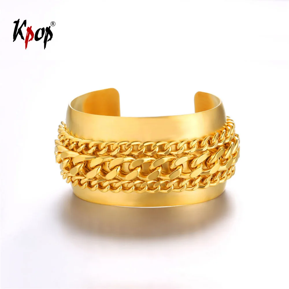 

Kpop Wide Open Bangle Bracelet Gold/Silver/Black Color Fashion Jewelry Cuban Chain Cuff Bracelet For Women & Men GH437