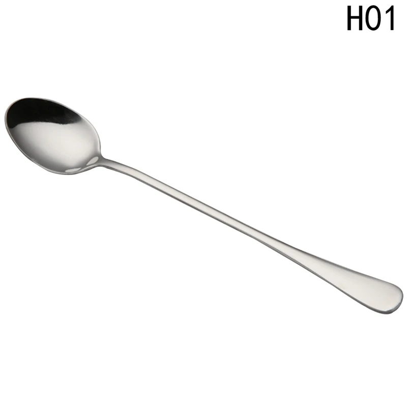 H01 Кофейная ложка из нержавеющей стали с длинной ручкой для мороженого, десерта, чайная ложка, кухонная серебряная ложка - Цвет: H01