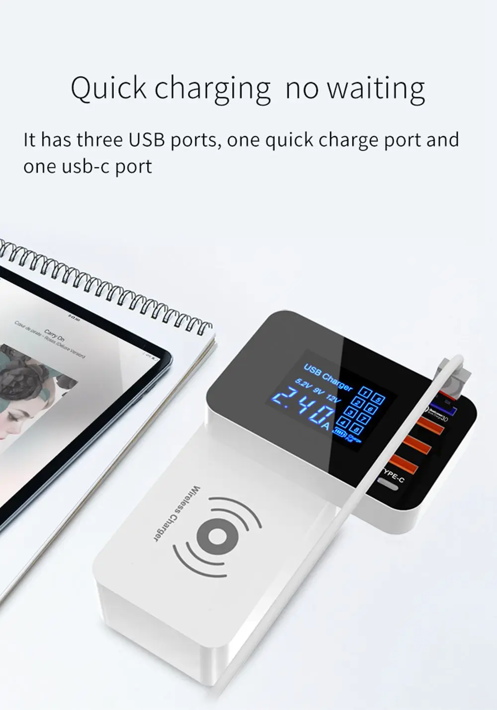 ЖК-дисплей QI Беспроводное зарядное устройство Quick Charge QC 3,0 Smart usb type C адаптер питания для быстрой зарядки для iPhone samsung UK US EU