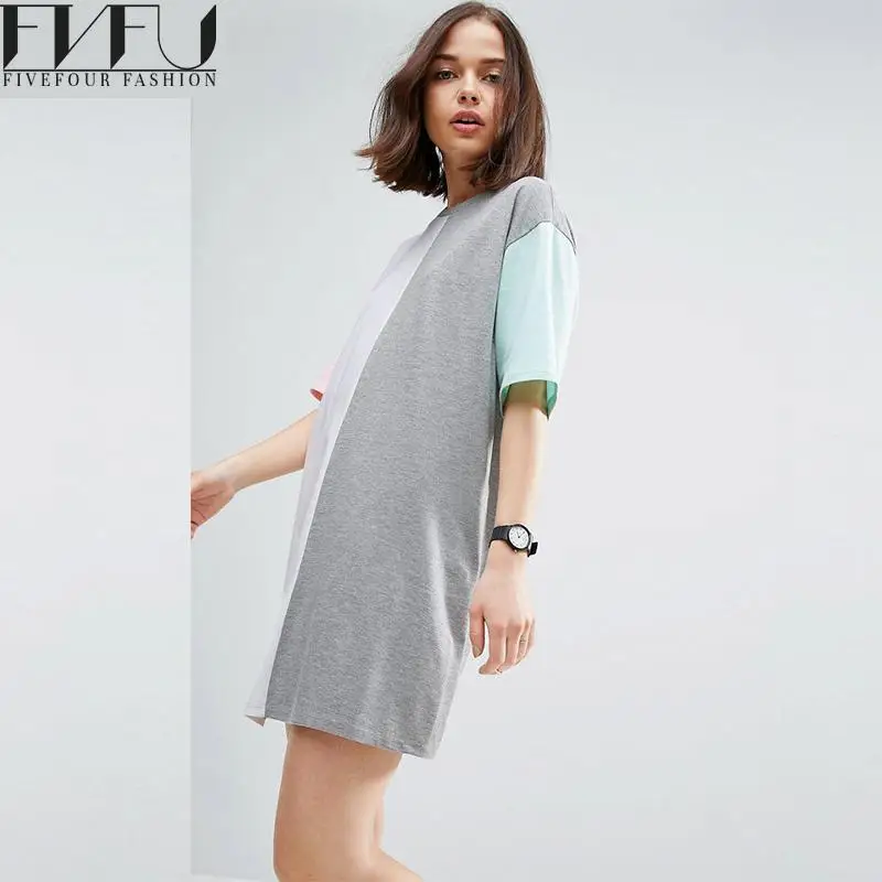New Fashion 2018 Dress Women Summer Cute Color Block Shirt Girls Patchwork Short Sleeve Loose Casual Plus Size | Женская одежда