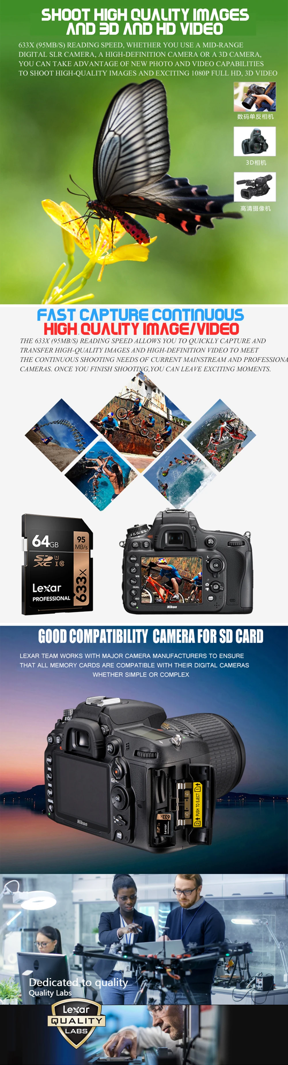 Lexar 633x16 Гб оперативной памяти, 32 Гб встроенной памяти, 64 ГБ, класс 10 SD карта SDHC/SDXC карты памяти SD карты 128 ГБ 256 95 МБ/с. для зеркальной однообъективной камеры/HD камера