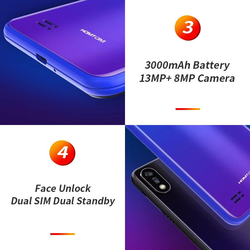 Смартфон HOMTOM C8 5 &quotHD + 4G 3000 мАч 2 Гб ОЗУ 16 ПЗУ Android 8 1 четыре ядра Face ID две задние
