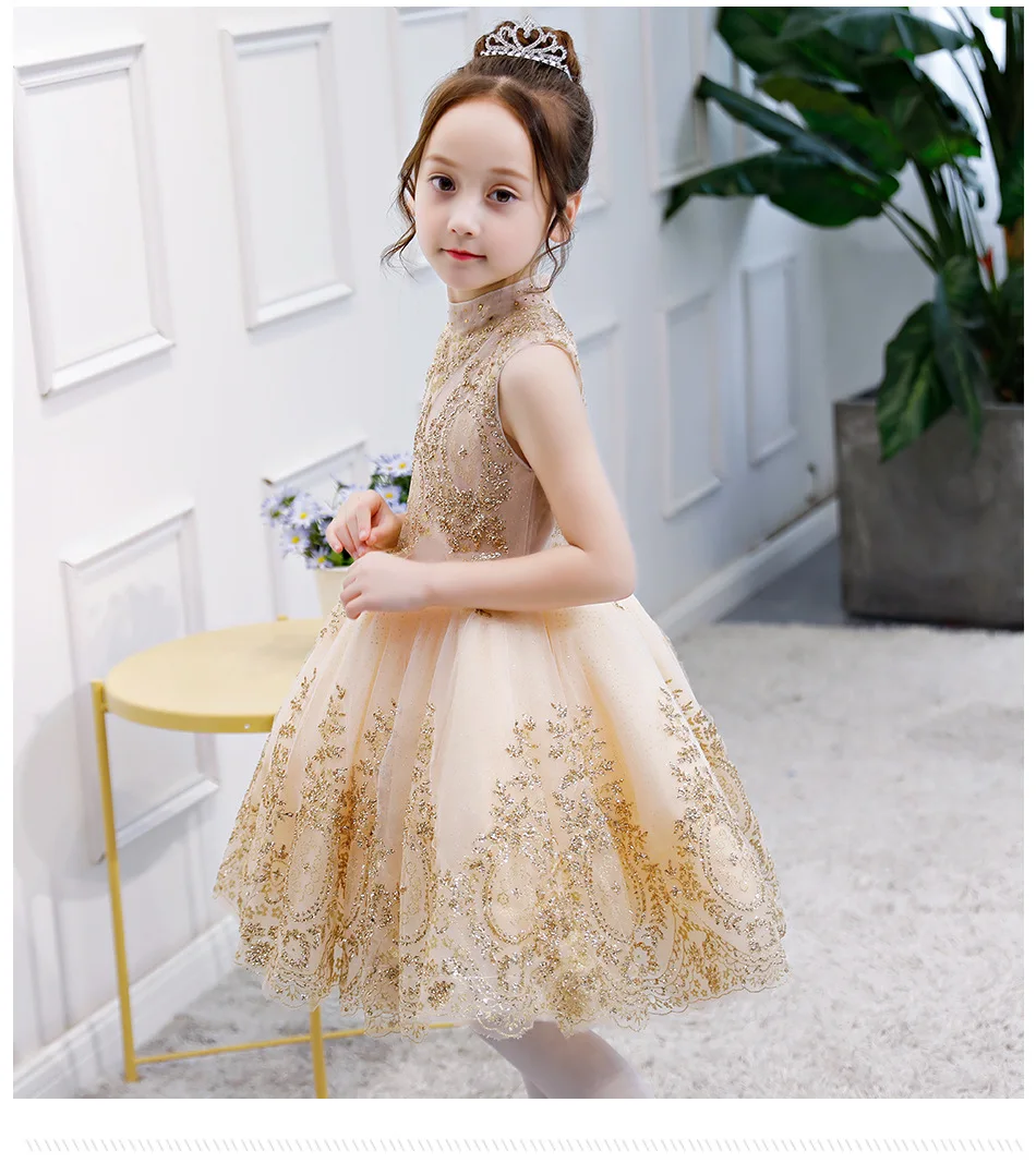 Gold Lace Dress Flower Girl Princess Sleeveless Party Wedding Dresses Toddler Kids Wear First Communion Gowns | Детская одежда и