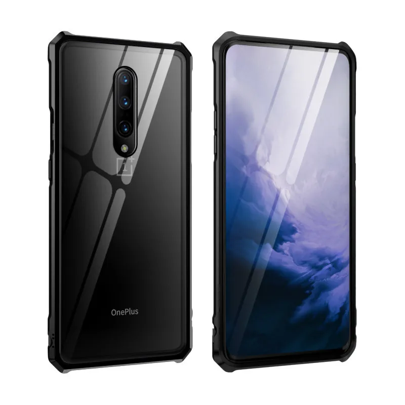 Черный Алюминиевый бампер чехол для телефона для OnePlus 7 Pro чехол s противоударный бронированный металлический каркас закаленное стекло чехол для OnePlus 7 Роскошный чехол - Цвет: Черный