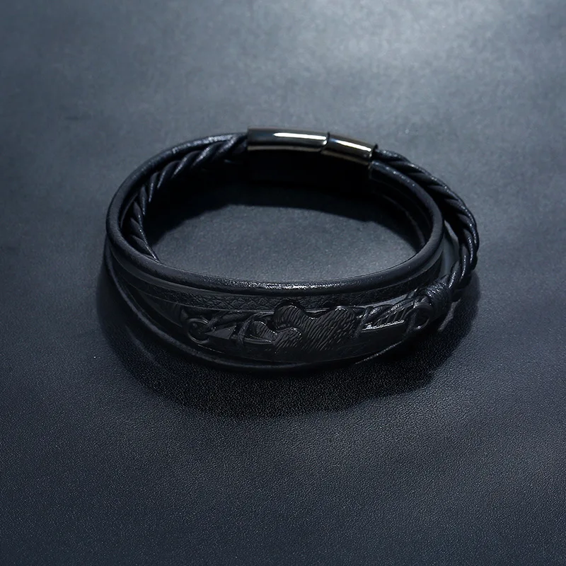 Cute Romantic Couple Black Stainless Steel Leather Bracelet Classic Style Men Simple Button | Украшения и аксессуары