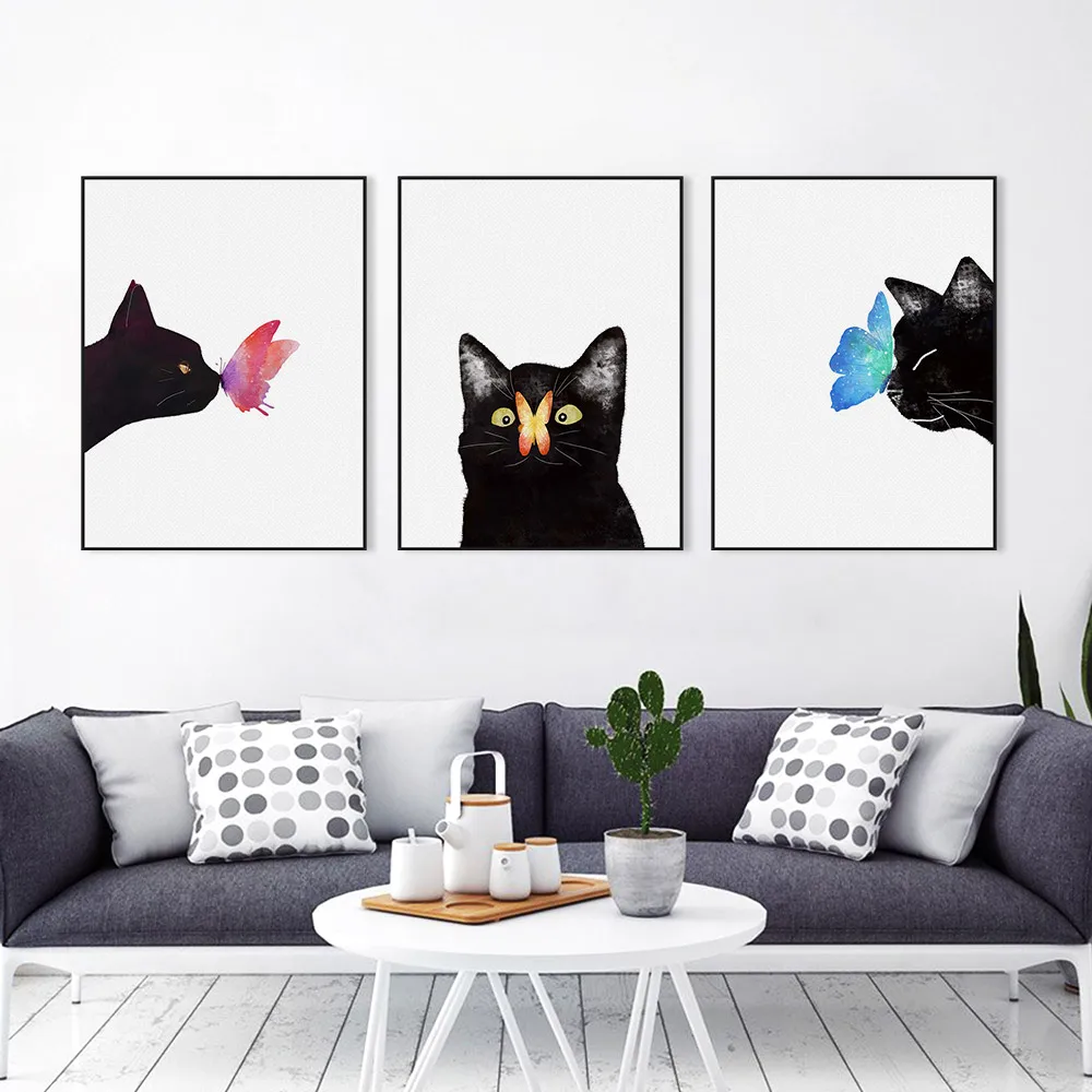 

Modern Animal Cat Butterfly Canvas A4 Art Print Poster Nordic Wall Picture Kids Room Decor Painting No Frame