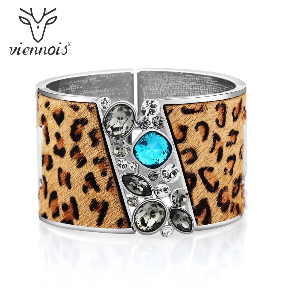 Viennois серебро Цвет Leopard Широкий браслет для Для женщин женский Кристалл Браслеты