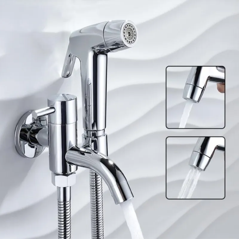 

Wall mounted Solid Brass Double Use Bidet Faucet Set Single Cold fashion chrome with foldable plumbing hose and ABS shower head