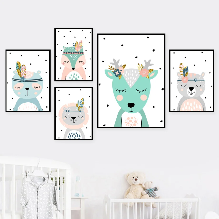 

Deer Lion Bear Fox Rabbit Baby Nursery Wall Art Canvas Painting Nordic Posters And Prints Wall Pictures For Living Room Decor