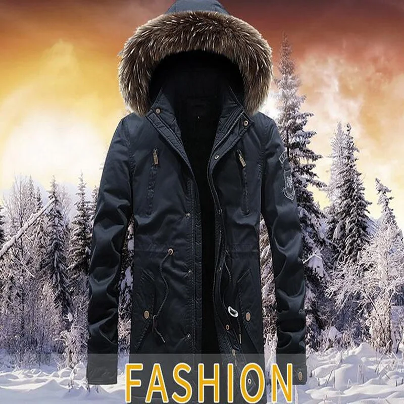 Men Fur Collar Thick Velvet Warm Parkas Men Warm Outwear Fur Collar Winter Military Parkas