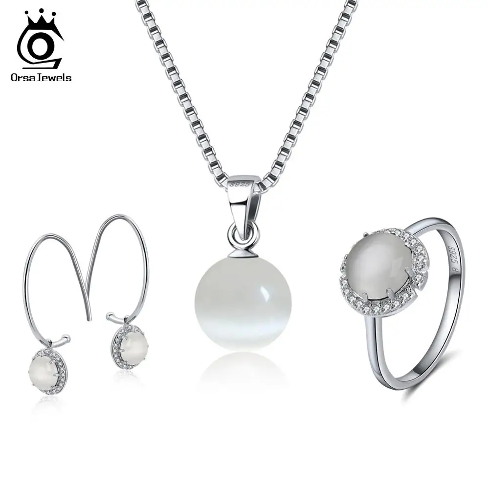 ORSA JEWELS 925 стерлингового серебра женские кольца бирюзовые серьги с каплями+ ожерелья Кристалл Медальон натуральный камень ювелирный набор OSS27