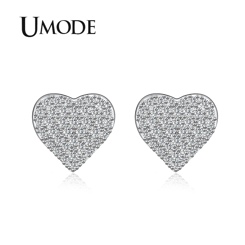 UMODE Новые прозрачные круглые циркониевые серьги-гвоздики в форме сердца для женщин, покрытые фианитами кристаллами белого золота, ювелирные изделия, вечерние подарки AUE0474