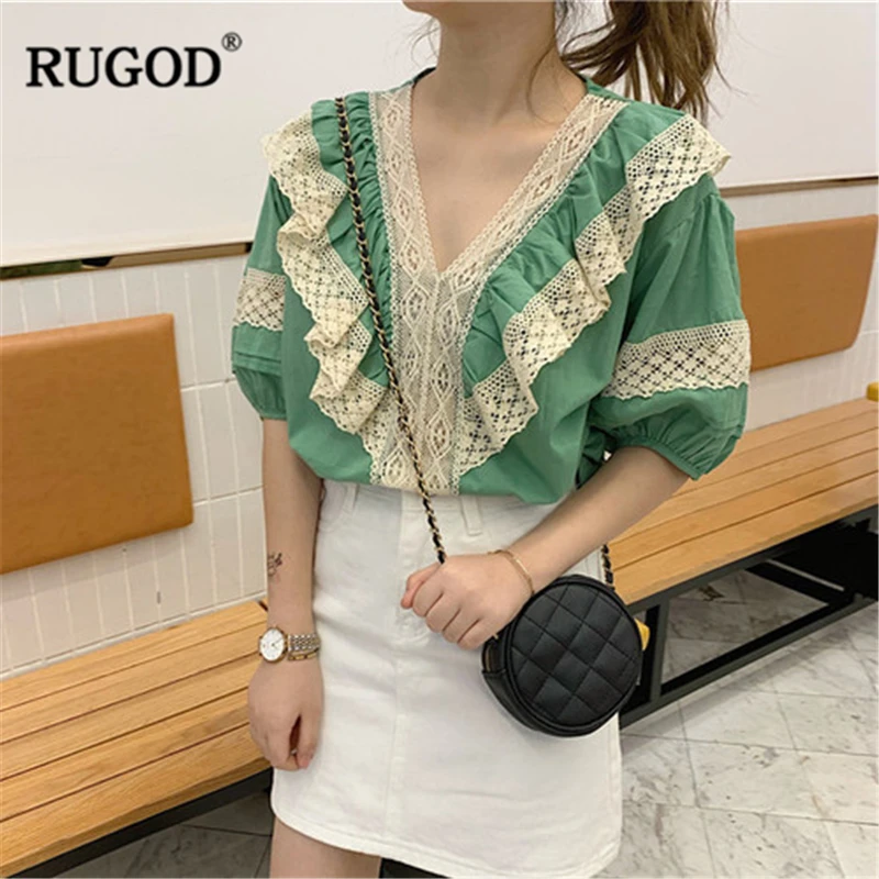 RUGOD New Arrival Women Stiching Shirt V-neck Half Lantern Sleeves Loose Lace Ruffles Blouse Sweet Temperament Mujer Blusa