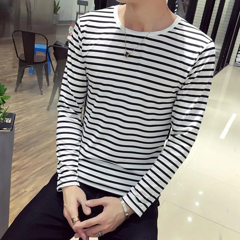 

MISSKY 2020 Autumn Spring Men T-shirt Round Neck Striped Long Sleeve Shirt Casual Pullover tshirt Top Male Clothes