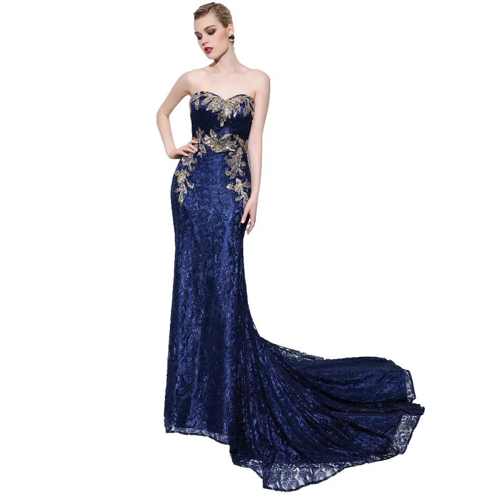 Темно-Синий Русалка Вечерние Платья 2017 Люкс Кружева Аппликация Hollow Вернуться