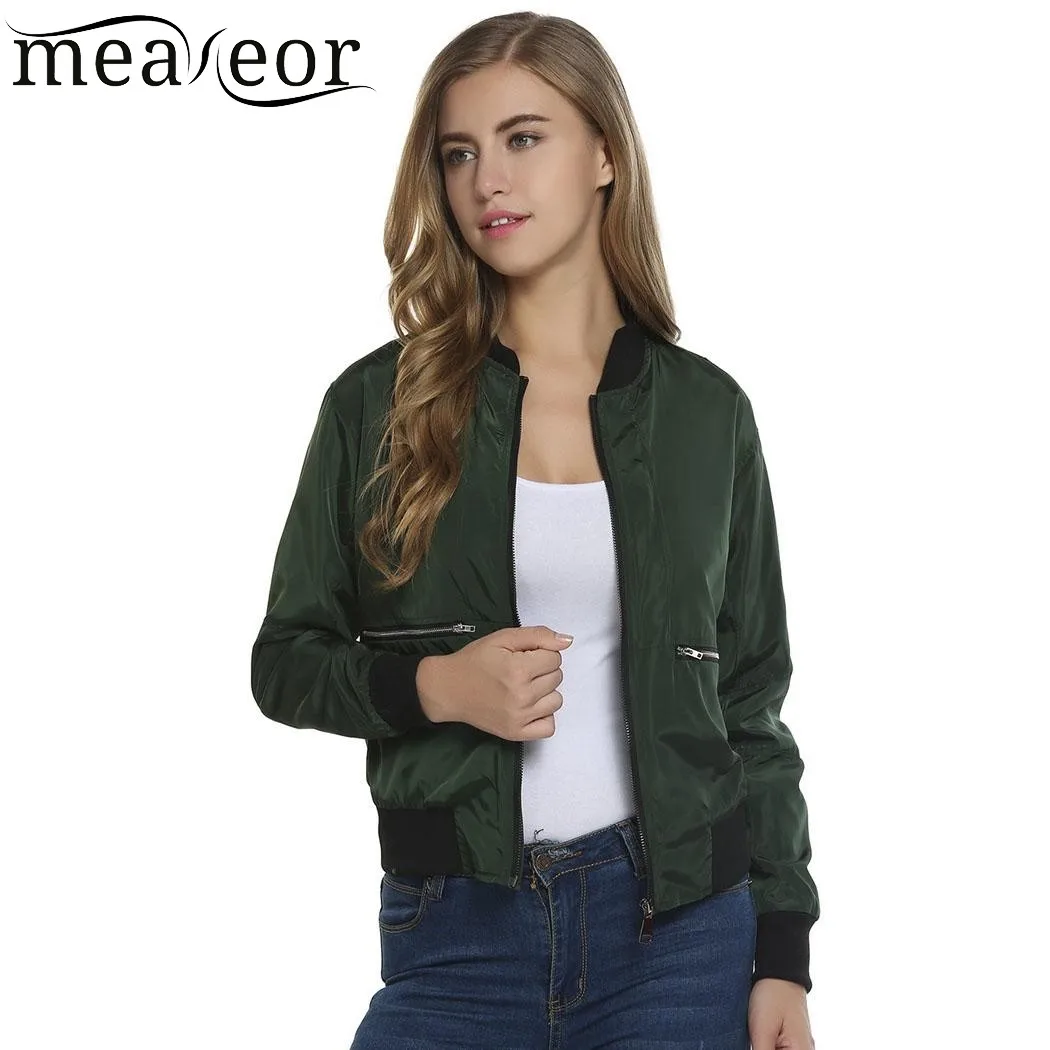 Meaneor Женская Осенняя Классическая бейсбольная куртка бомбер на молнии с длинным