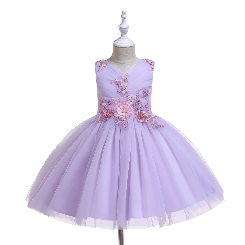 

New Girls Party Dress Kids 3D Flower Applique Bodice Tulle Wedding Birthday Dress Formal Girls Clothing Ball Gown
