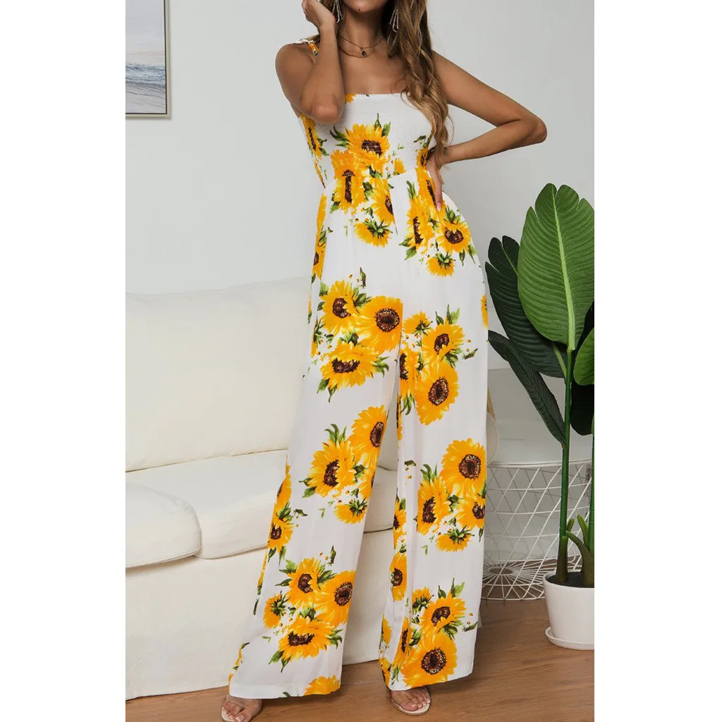 Женский комбинезон в горошек с подсолнухами элегантный клубный без рукавов