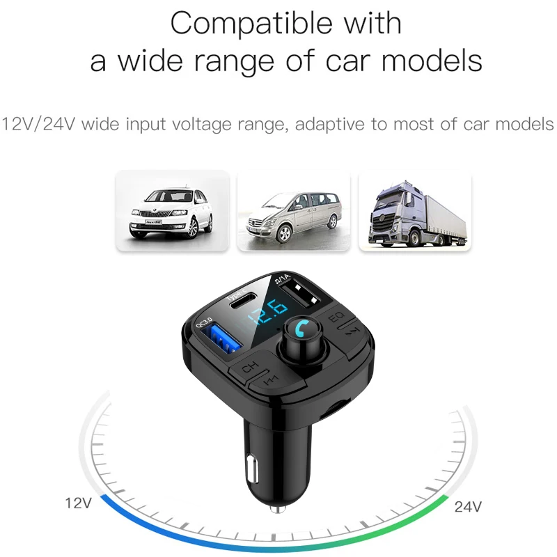 Автомобильный комплект громкой связи с Bluetooth, управление одним ключом, беспроводной Bluetooth fm-передатчик, ЖК MP3-плеер QC3.0, USB зарядное устройство, тип-c, свободные руки