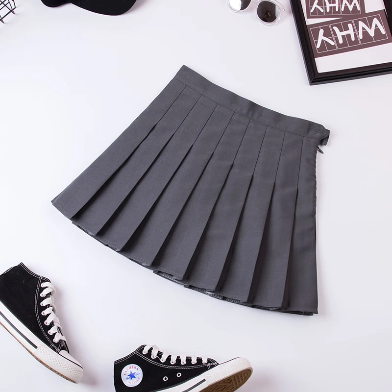 Серый Sexy Womens Pleated Mini Skirt Schoolgirl Short Dress Cosplay Club Costume Solid Color Mini Skirts Faldas Mujer Moda plus size - Цвет: Серый