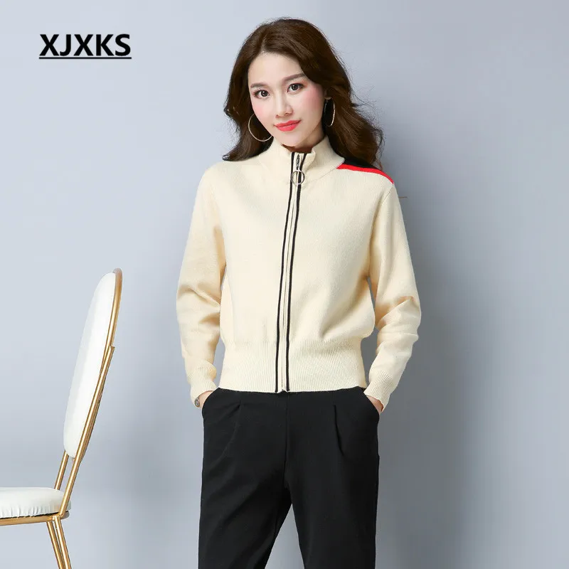 Женский свитер на молнии XJXKS однотонный короткий с металлическим кольцом 9945|sweater