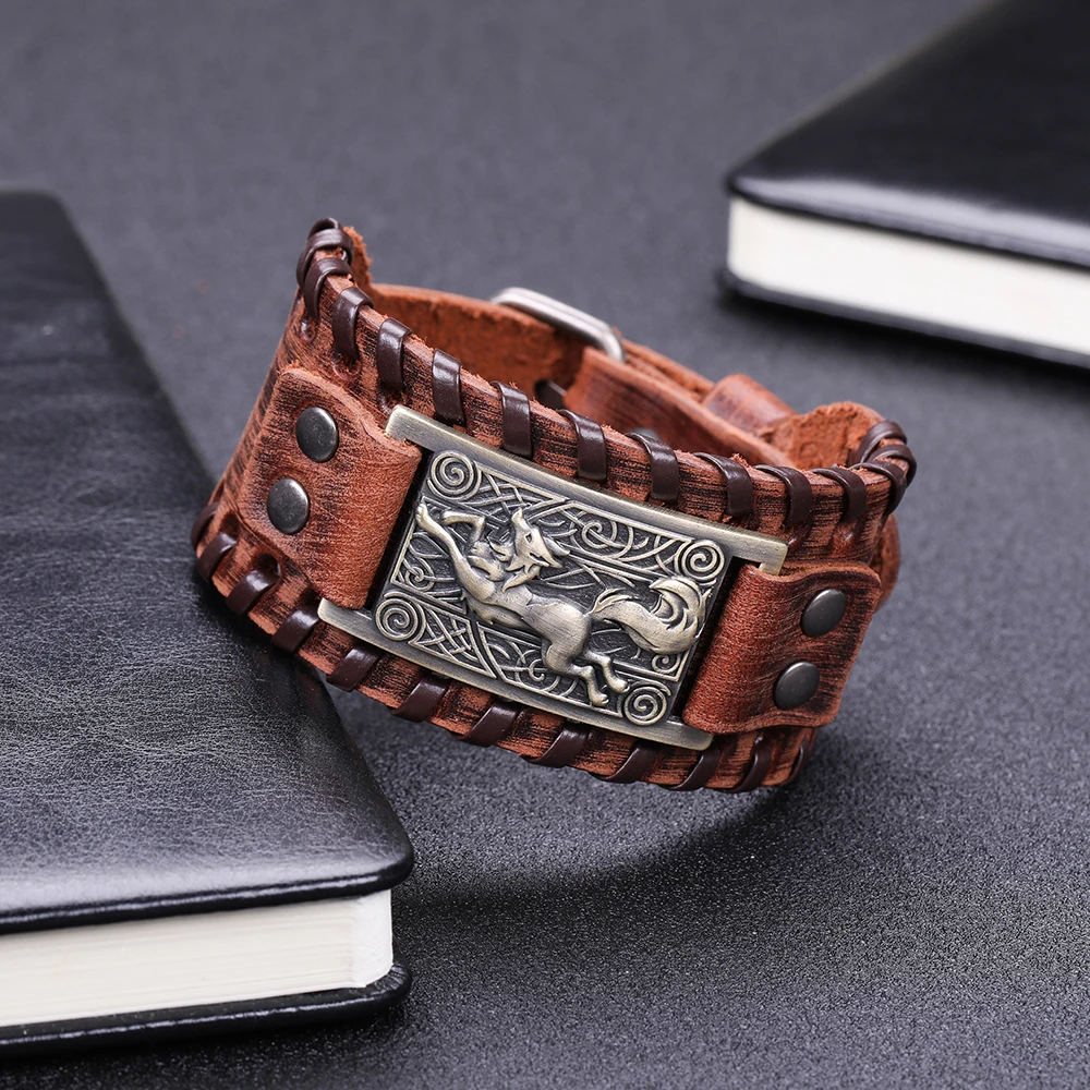 Мужской винтажный браслет Skyrim из натуральной кожи с тотемным волком и викингом