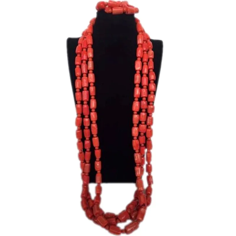 

4UJewelry Genuine Coral Jewelry Set Wedding Jewellery Set Men Nigerian Coral Beads 3 Layers Nature Stones Necklace Bracelet New