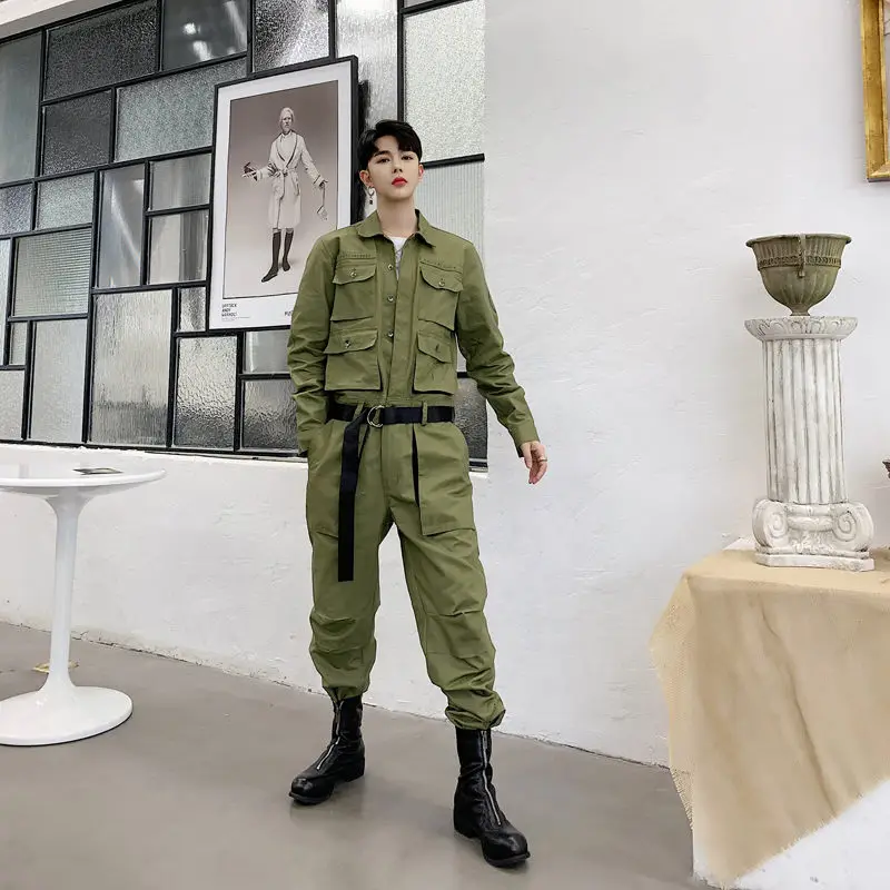 Armygreen Мужской комбинезон с несколькими карманами, винтажная мода, уличная одежда, повседневные брюки-карго, мужские комбинезоны с длинным рукавом, комбинезон, брюки DS50408 - Цвет: Armygreen