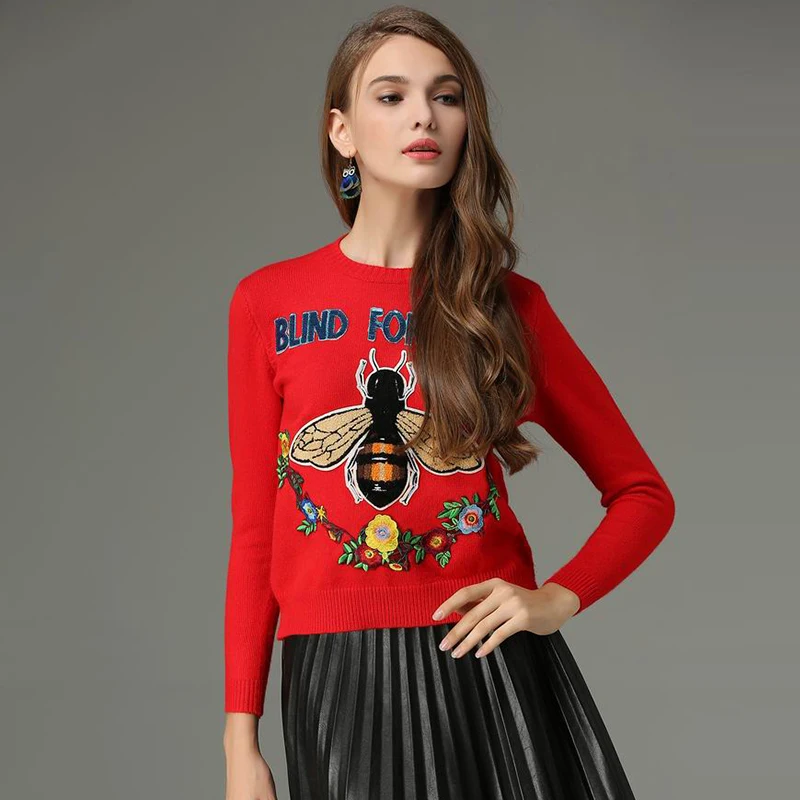 New 2018 Woman Round Collar Elegant Thicken Butterfly Flower Embroidery Knitted Pullovers Jumper Tops Sweaters Red Black | Женская